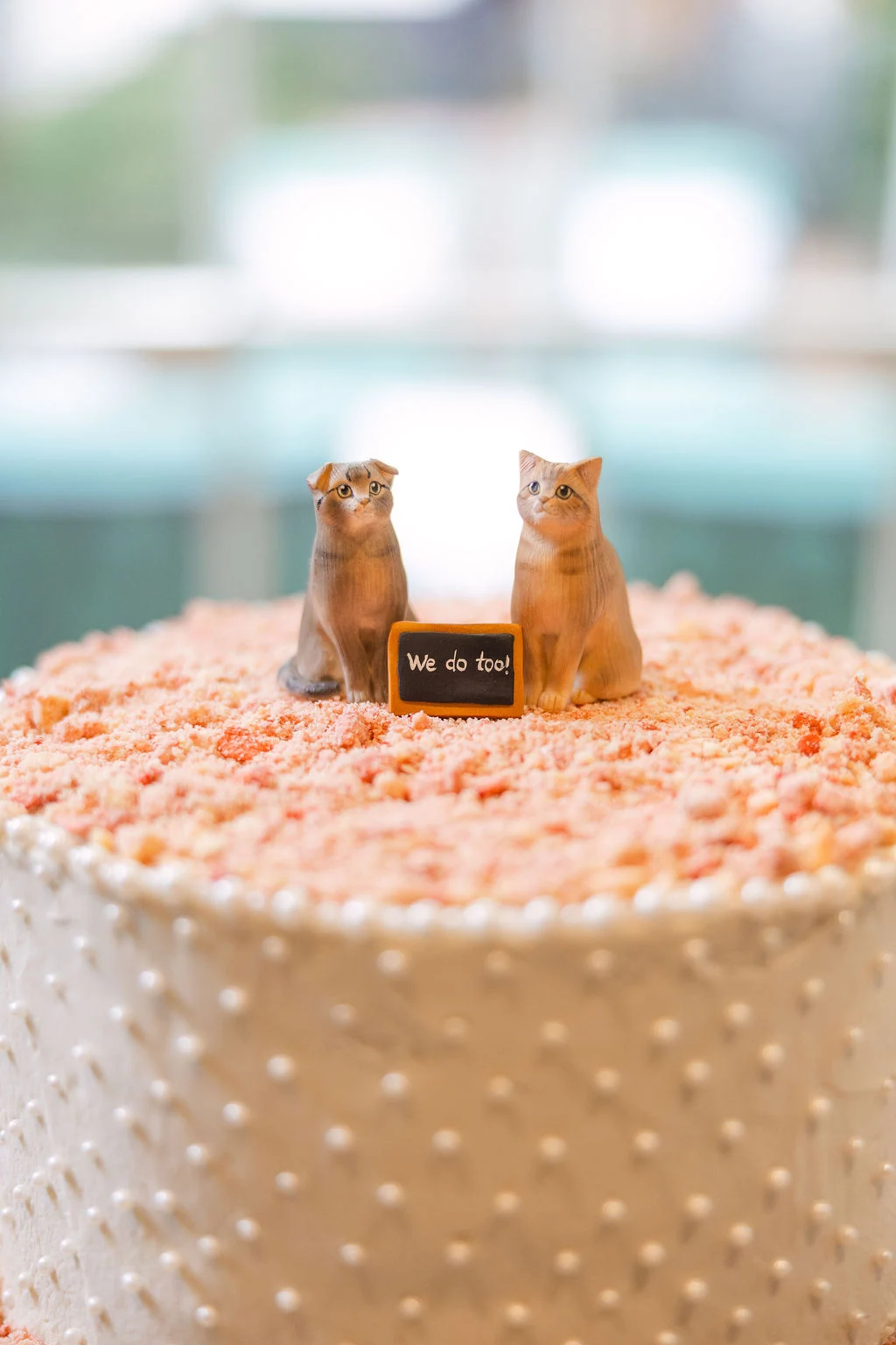 Two miniature cats topping G&B’s wedding cake